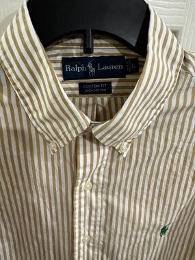 Large Ralph Lauren Men’s Tan & White Striped Button-Down Shirt - Custom Fit